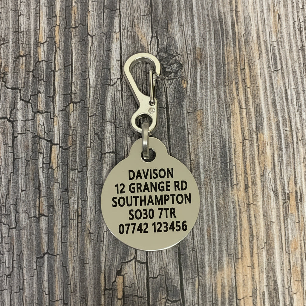 25mm round tag with carabiner