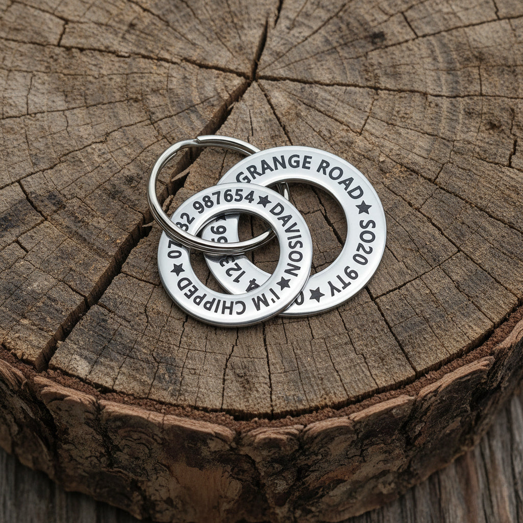 Stainless steel washer style Dog ID Tags. Laser Engraved - Long Life