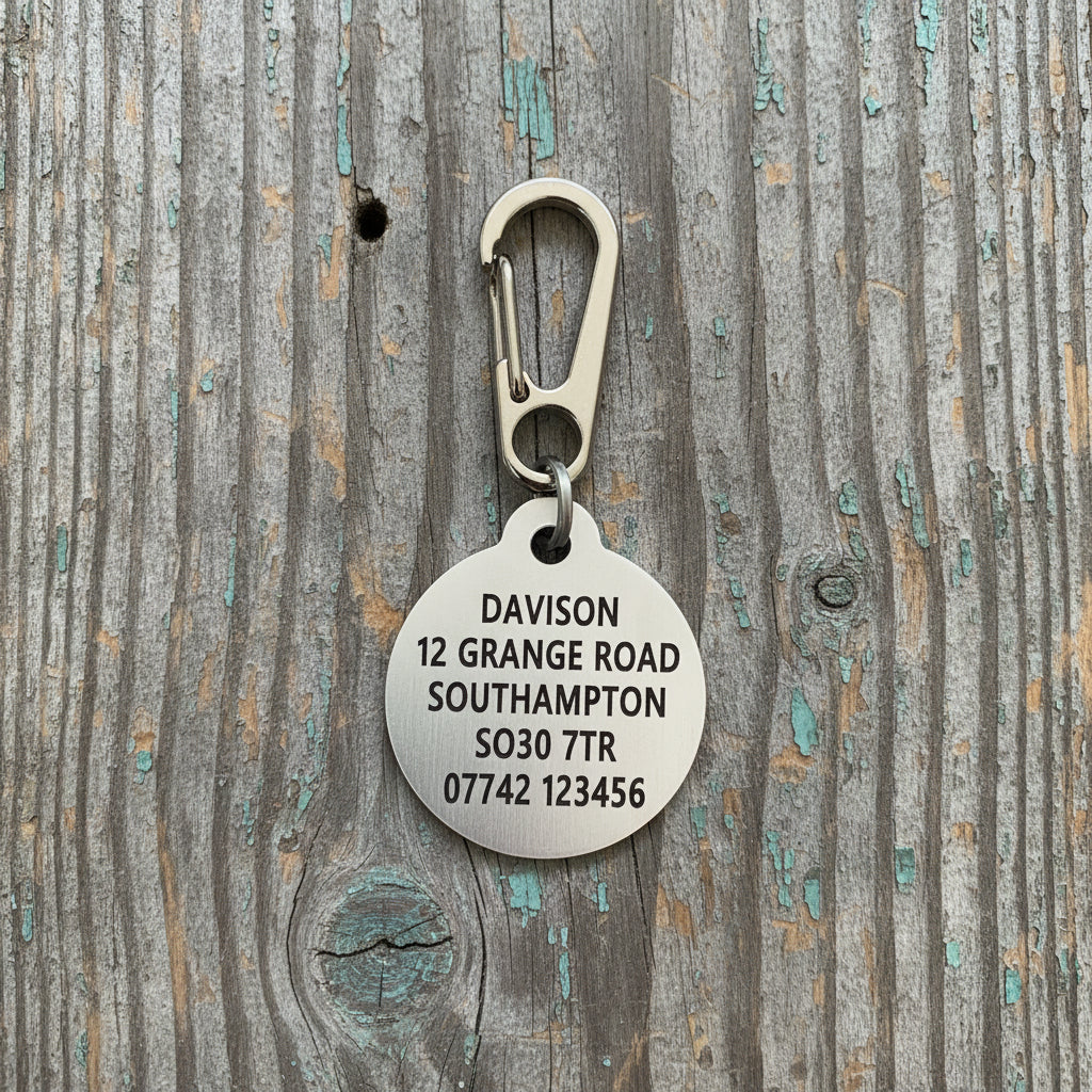 32mm round tag with carabiner