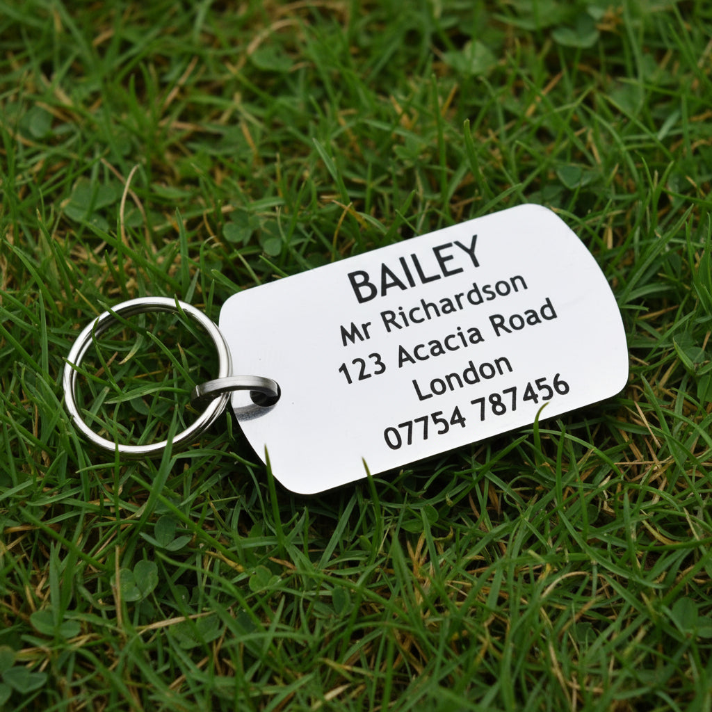 Designer stainless steel Dog Tag style Pet ID Tag.