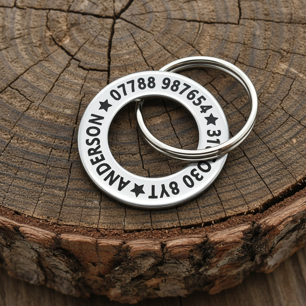 Stainless steel washer style Dog ID Tags. Laser Engraved - Long Life