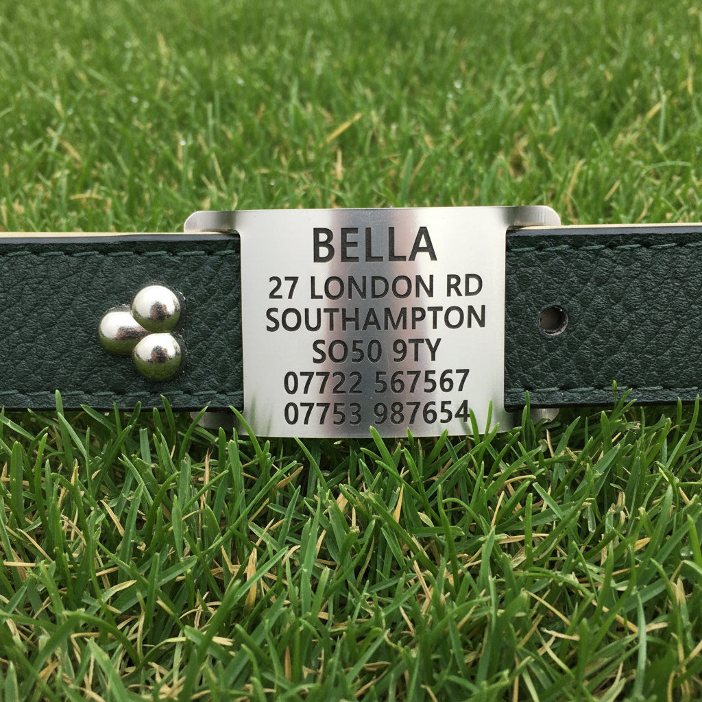 Agility and working dog stainless steel ID collar tag for LEATHER COLLARS.