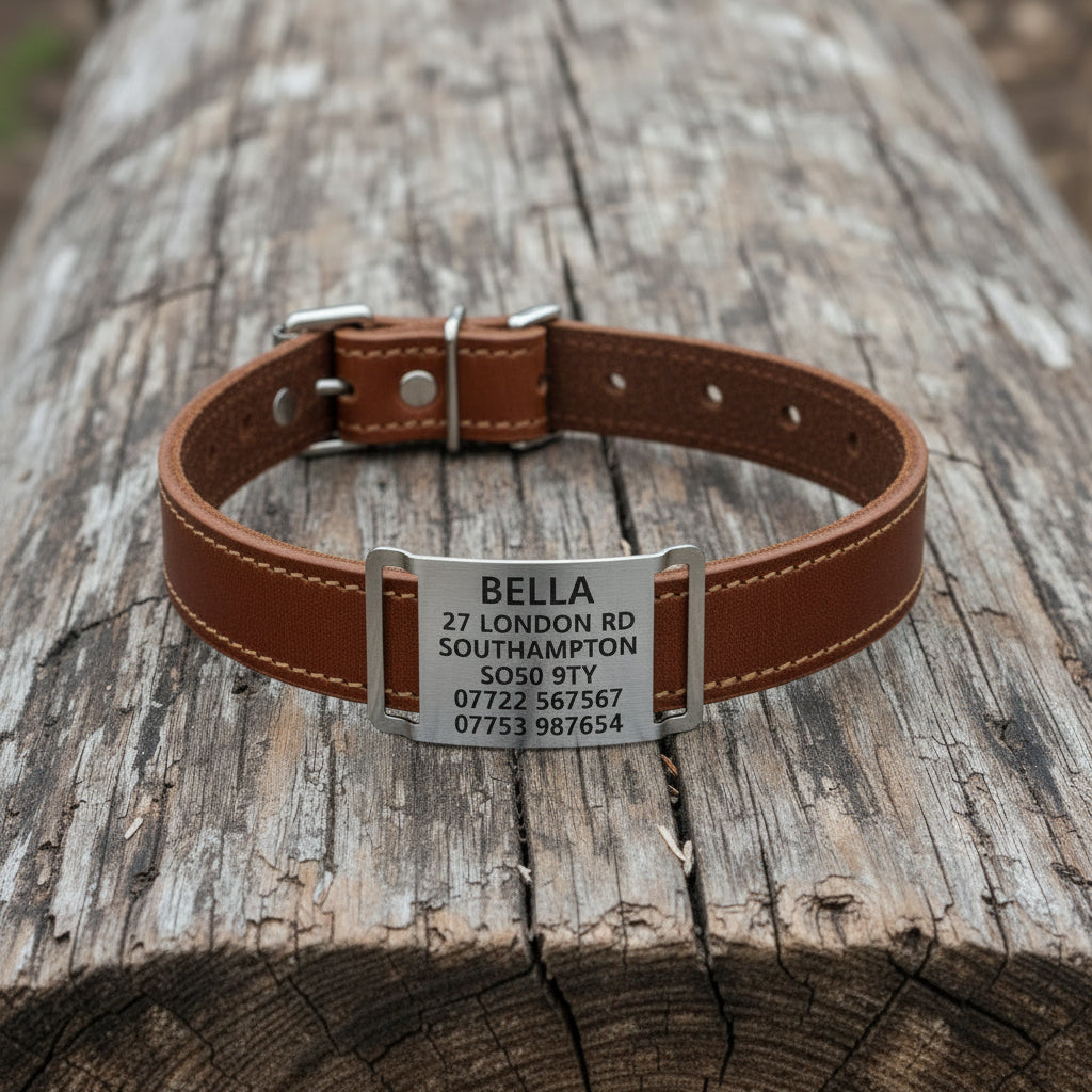 Agility and working dog stainless steel ID collar tag for LEATHER COLLARS.