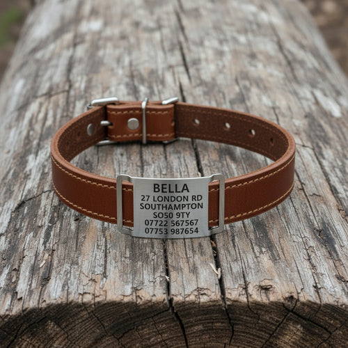 Agility and working dog stainless steel ID collar tag for LEATHER COLLARS.